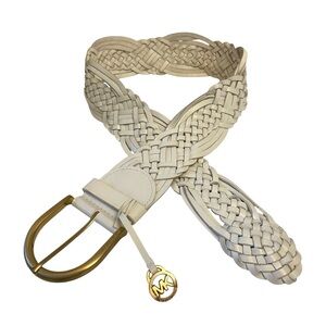 Michael Michael Kors White Woven Leather Belt With Gold Buckle Sz M